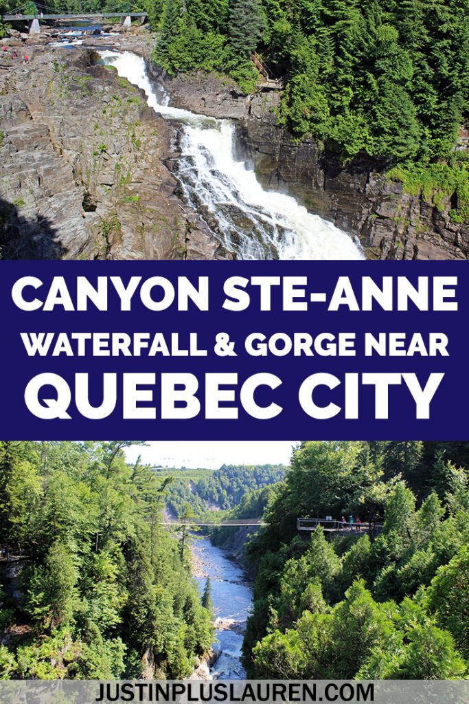 Canyon Sainte-Anne is a short drive from Quebec City. You'll find a beautiful waterfall, enchanting gorge, and multiple swinging bridges to walk across. It's a great place to spend outdoors and a bit of an adventure, too. #Quebec #QuebecCity #CanyonSainteAnne #Beaupre #Travel #Canada