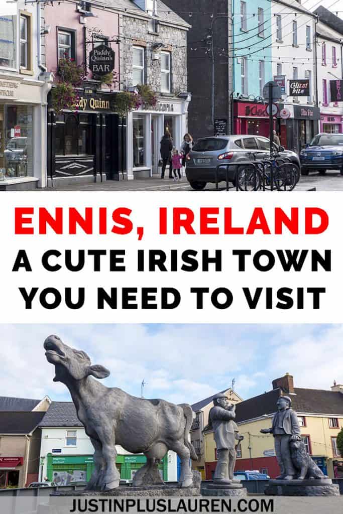 Ennis, Ireland is a pretty little town between Galway and Limerick. On the doorstep of Burren National Park, I recommend stopping for at least a couple of hours to wander the streets of this beautiful little town. There are lots of things to do in Ennis as you'll learn in this Ennis travel guide! #Ennis #Ireland #Travel #PrettyTown #CuteTown #CountyClare