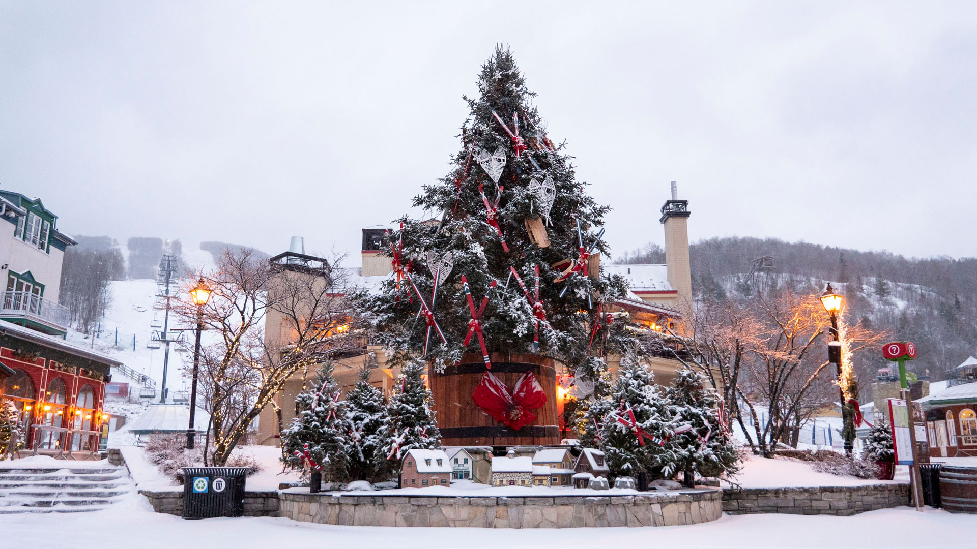 2019-MontTremblant035 Mont Tremblant Christmas tree with tiny village houses beneath it