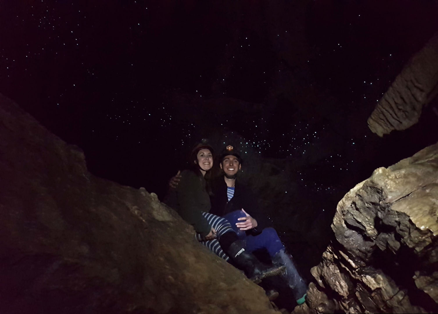 A ceiling of glowworms inside the Waitomo Glowworm Cave