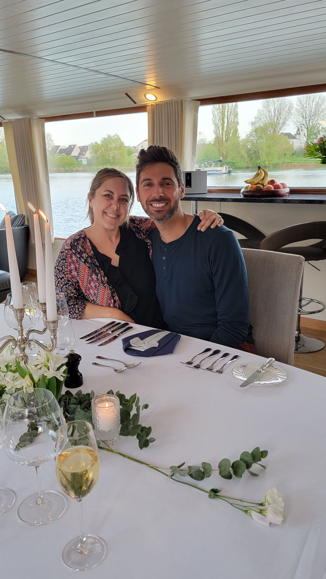 Justin and Lauren at dinner on the barge