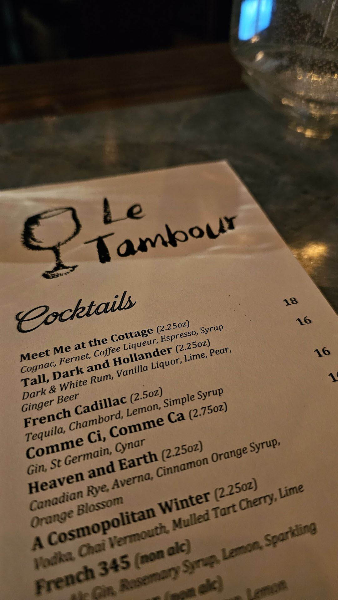 Le Tambour cocktail menu