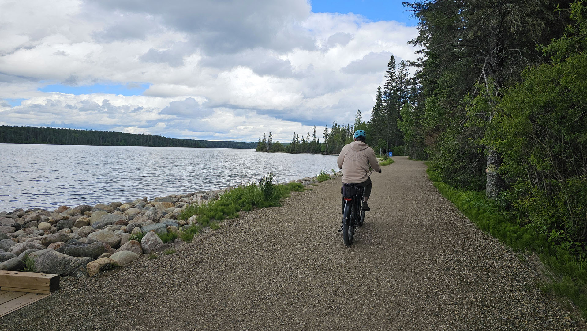 Riding e-bikes at Riding Mountain National Park